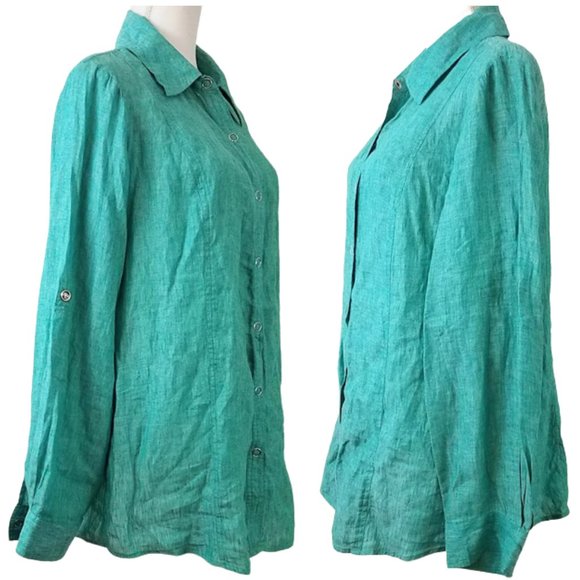 COLDWATER CREEK Green 100% Linen Snap-Front Roll-Sleeve Shirt Women's 1X - Picture 2 of 7
